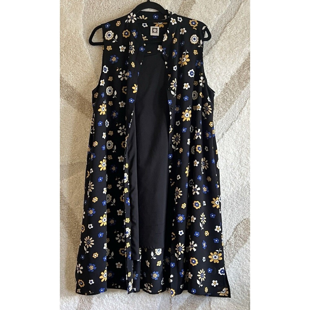 Anne Klein Floral Shirt Dress L Large Black Button Front Duster shift Layering